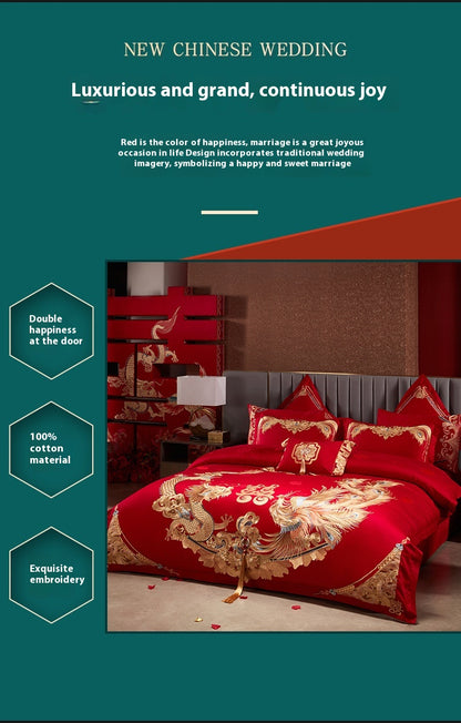 Luxury Red Cotton Wedding Bedding 4-Piece Embroidered Set