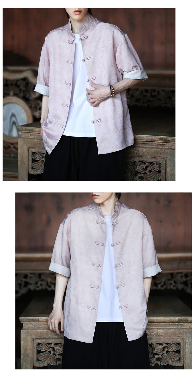 Summer Chinese Tang Suit Shirt Mens Stand Collar Short Sleeve Hanfu
