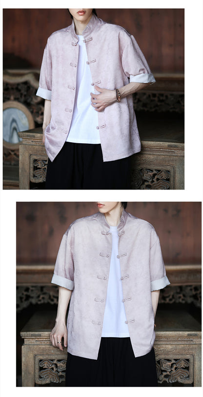 Summer Chinese Tang Suit Shirt Mens Stand Collar Short Sleeve Hanfu