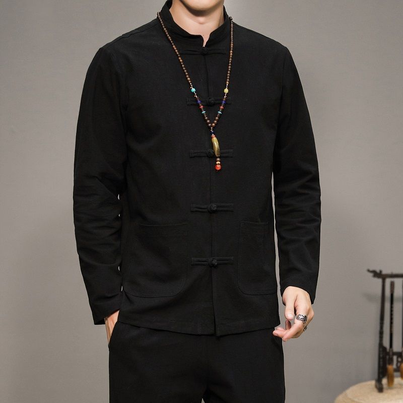 Men’s Chinese Style Cotton Linen Tang Shirt Long Sleeve Casual Retro