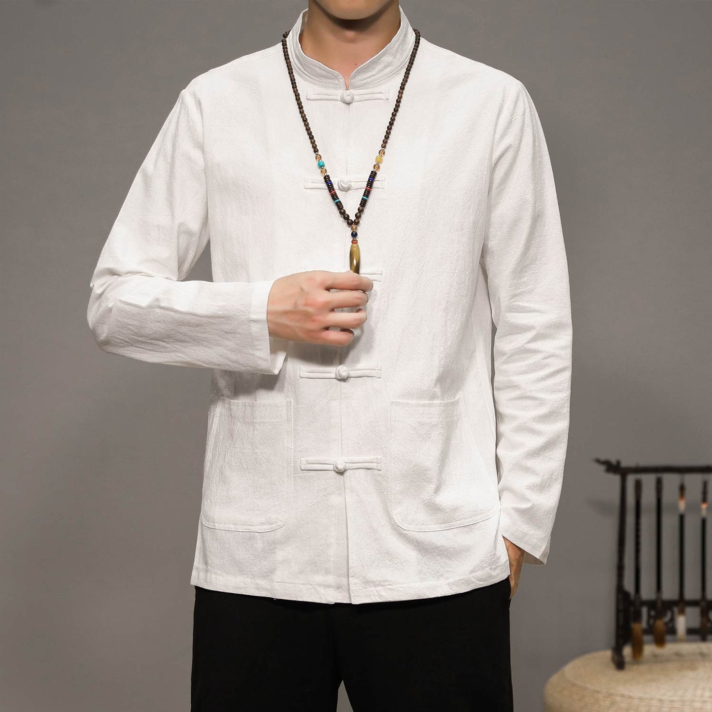 Men’s Chinese Style Cotton Linen Tang Shirt Long Sleeve Casual Retro