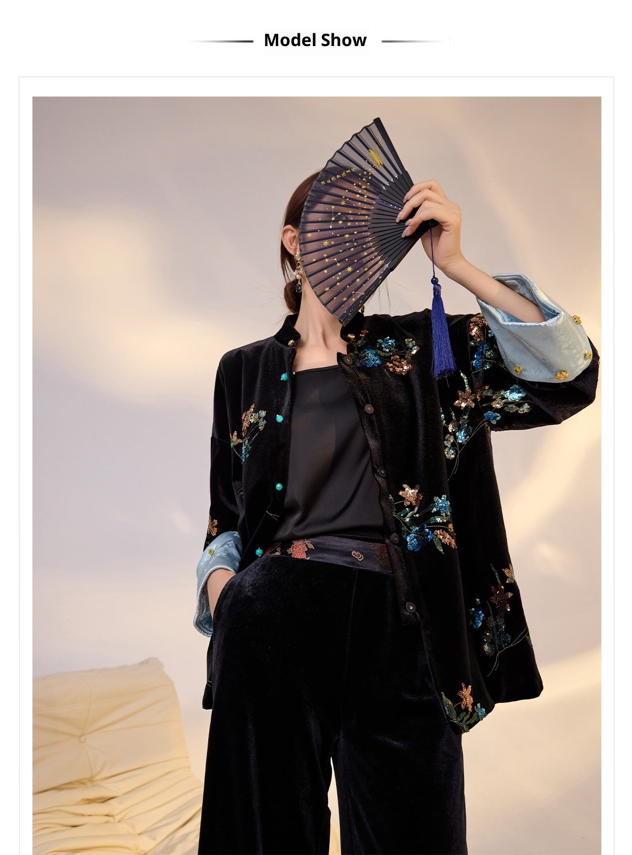 Elegant New Chinese Satin Floral Sequin Loose Black Top