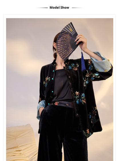 Elegant New Chinese Satin Floral Sequin Loose Black Top
