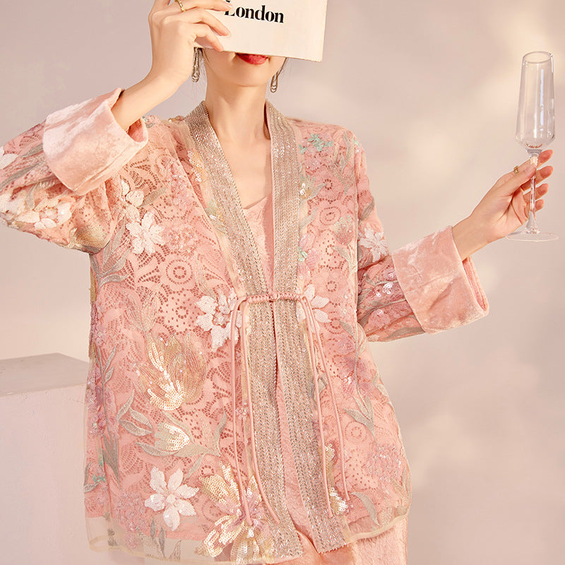 Spring New Chinese Style Velvet Sequin Embroidered Mesh Blouse