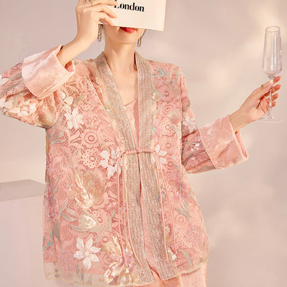 Spring New Chinese Style Velvet Sequin Embroidered Mesh Blouse