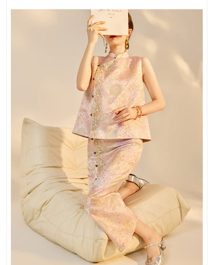 Elegant Beaded Asymmetrical Vest & High Waist Skirt Set