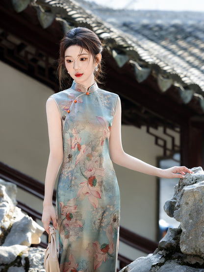 Oil Painting Print Sleeveless Cheongsam – Elegant Slim Dress