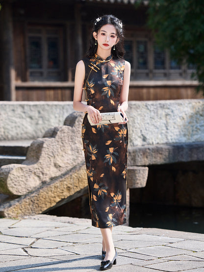 Black Sleeveless Cheongsam – Old Shanghai Printed Slim Dress