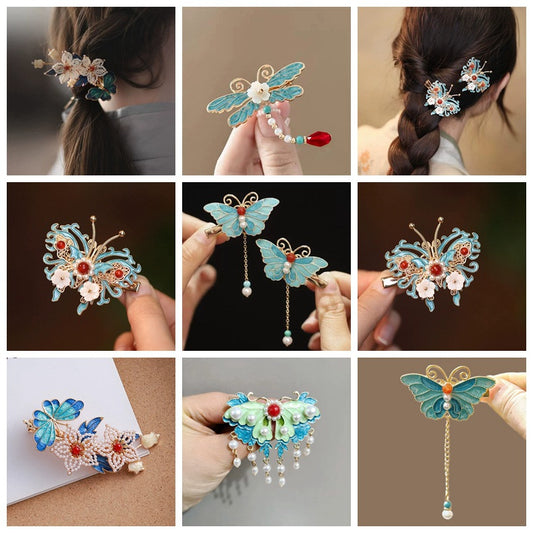 Blue Enamel Hair Clip Chinese Style Pearl Tassel Butterfly Hairpin