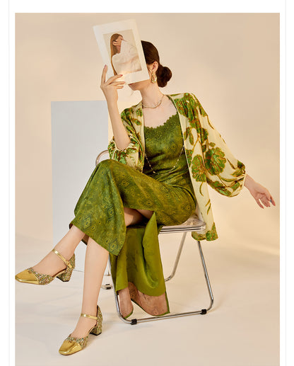 Velvet Burnout Jacket & Printed Cardigan Dress Set for Autumn