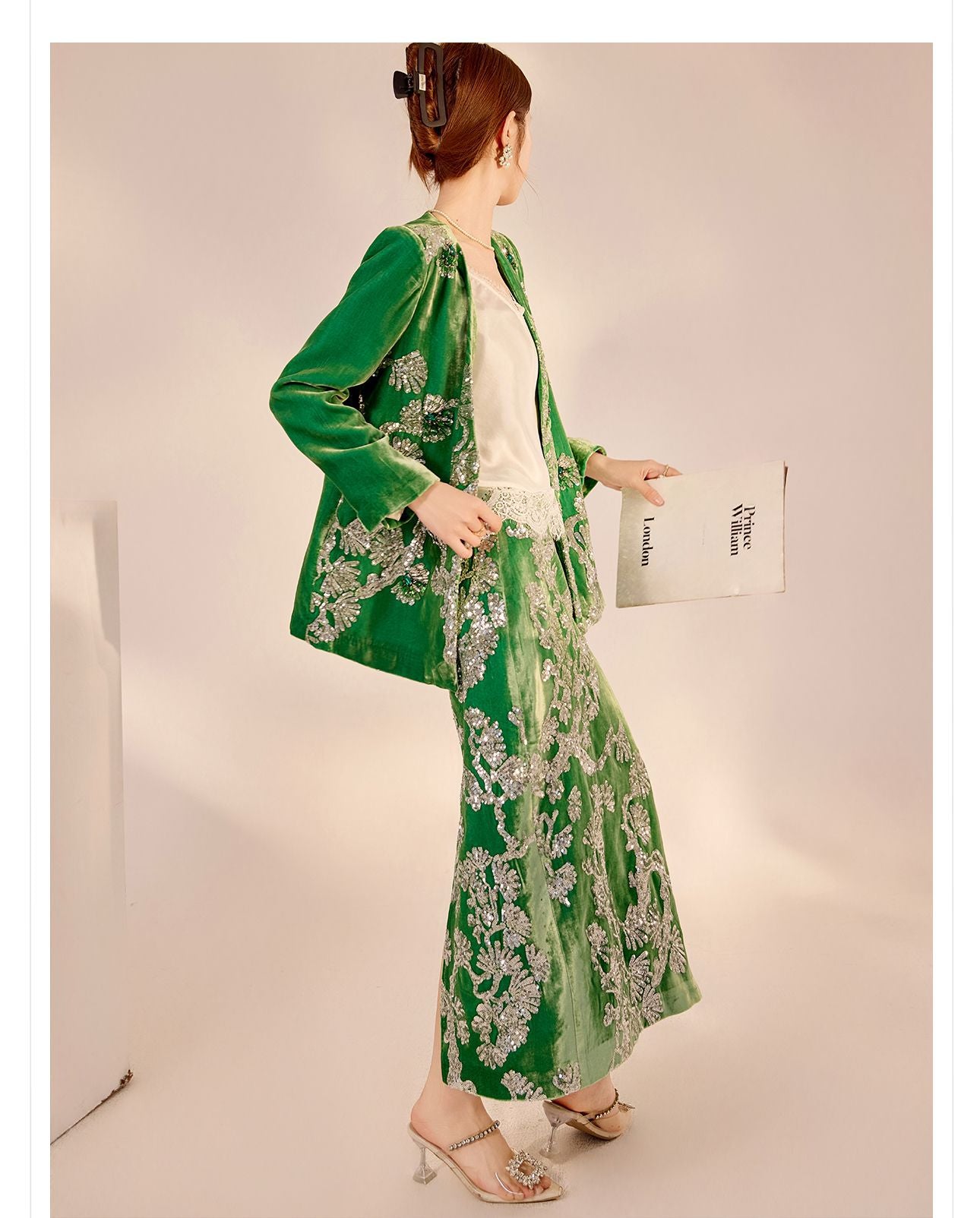 2025 Spring New Chinese Beaded Embroidered Silk Cardigan & Skirt Set