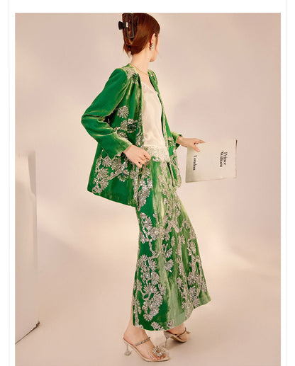 2025 Spring New Chinese Beaded Embroidered Silk Cardigan & Skirt Set