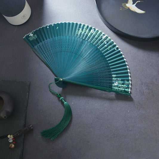 Handheld Green Folding Fan — Chinese Hanfu National Style Summer Fan
