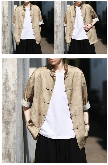 Summer Chinese Tang Suit Shirt Mens Stand Collar Short Sleeve Hanfu