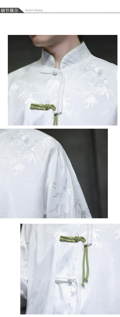 Summer Chinese Style Ice Silk Jacquard Tang Shirt Mens Stand Collar Top