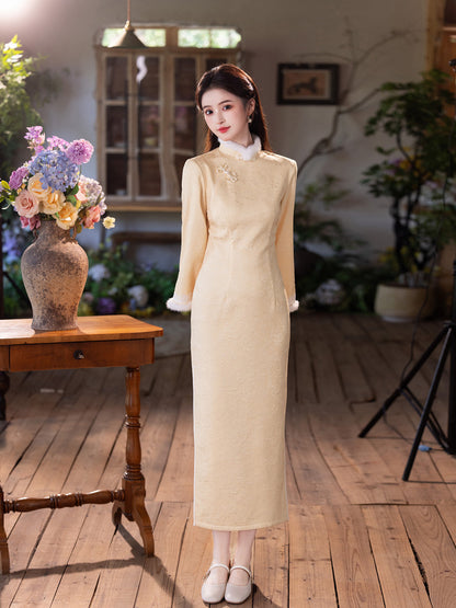 Yellow Fleece-Lined Winter Qipao | Thickened Long-Sleeve Retro Dress 2025
