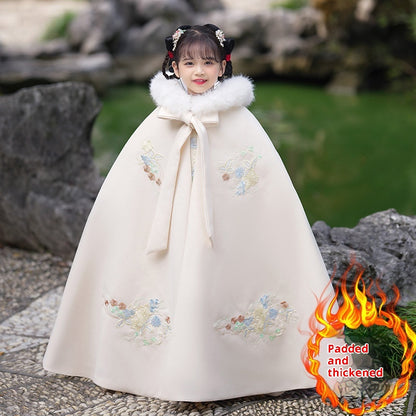 Girls' Winter Hanfu Cloak with Fur Collar Hooded Fairy Cape