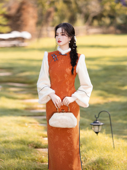 2025 Winter Chenille Fleece Long Cheongsam Patchwork New Chinese Style