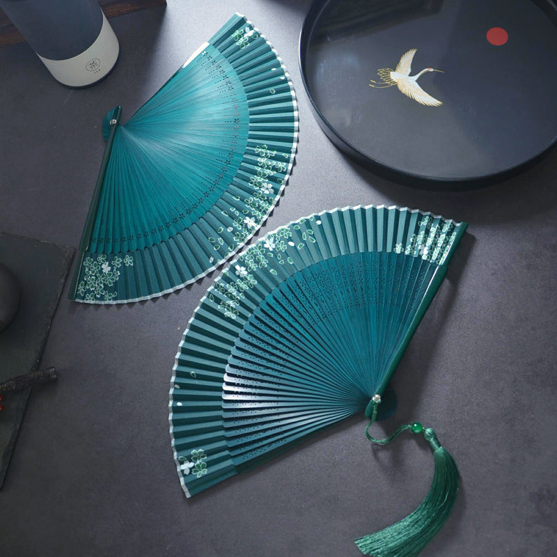 Handheld Green Folding Fan — Chinese Hanfu National Style Summer Fan