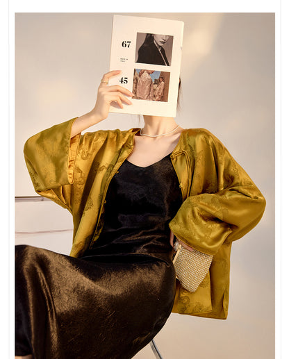 New Chinese Old Money Style Dragon Embroidered Acetate Luxury Coat