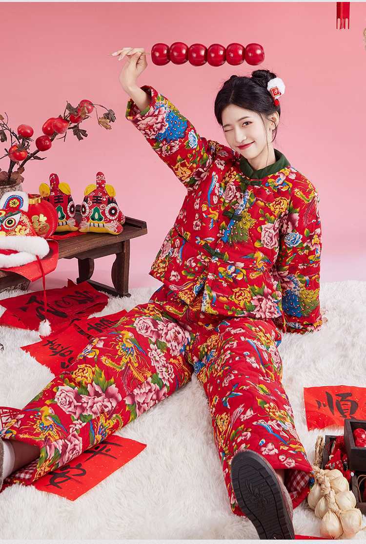 Northeast Floral Winter Jacket Women Thick Ethnic Cotton Coat Set