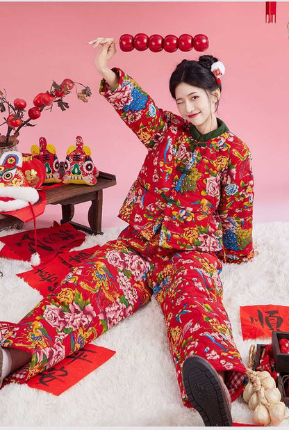 Northeast Floral Winter Jacket Women Thick Ethnic Cotton Coat Set