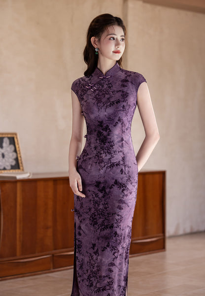 Autumn Elegant Cheongsam – Purple Retro Crescent Sleeve Dress