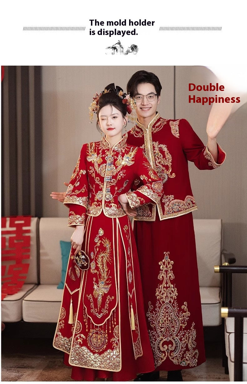 Chinese Wedding Xiuhe Dress Bride Velvet Toast Suit Set