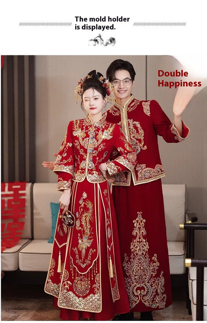 Chinese Wedding Xiuhe Dress Bride Velvet Toast Suit Set