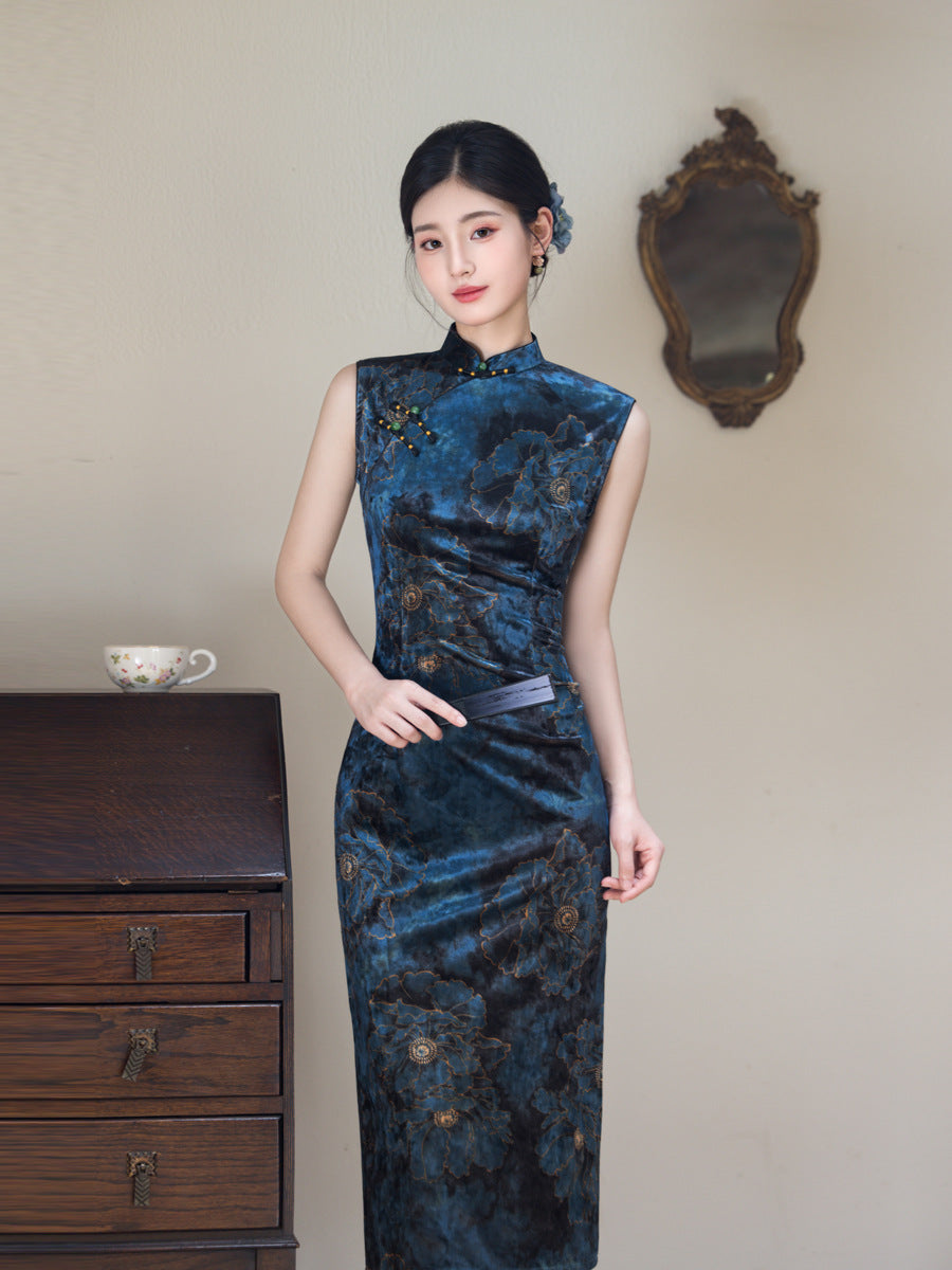 Modified Slim Fit Qipao – Elegant Vintage Blue Chinese Dress