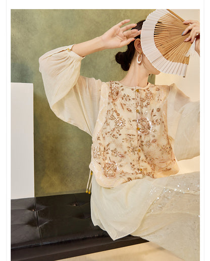 New Chinese Style Embroidered Mesh Shirt | Autumn Light Luxury Elegant Top