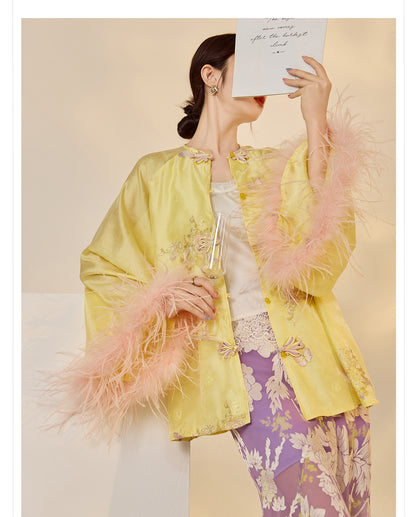 New Chinese Embroidered Feather Sleeve Patchwork Top & Skirt Set