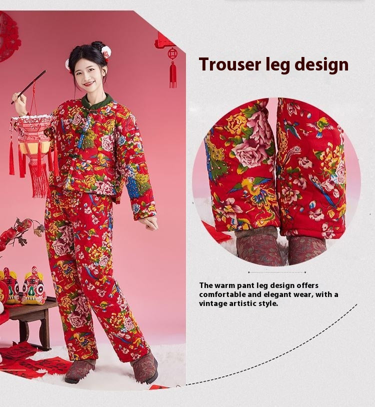 Northeast Floral Winter Jacket Women Thick Ethnic Cotton Coat Set