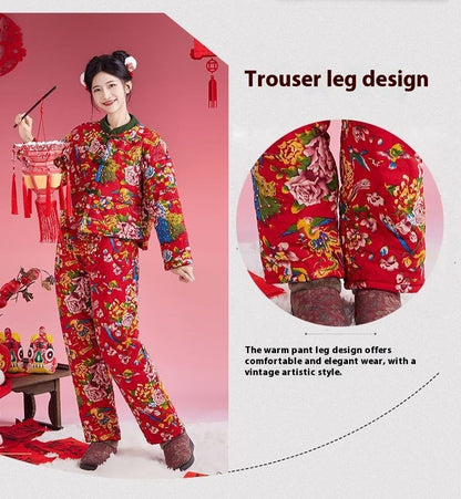 Northeast Floral Winter Jacket Women Thick Ethnic Cotton Coat Set