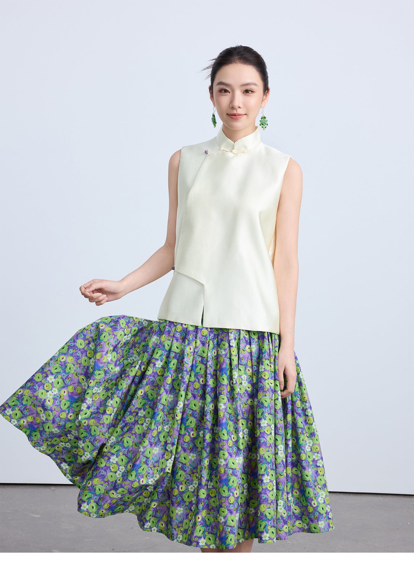 High-End Green Floral Midi Skirt with Elastic Waist