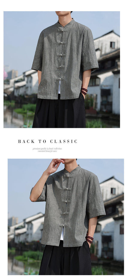 Chinese Style Mens Metal Button Jacquard Tang Shirt Summer Hanfu Top