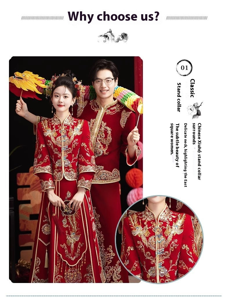 Chinese Wedding Xiuhe Dress Bride Velvet Toast Suit Set