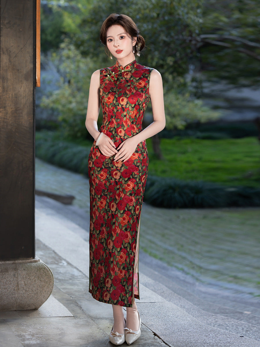 Floral Shadow Rose Cheongsam – 2025 Sleeveless Youth Dress