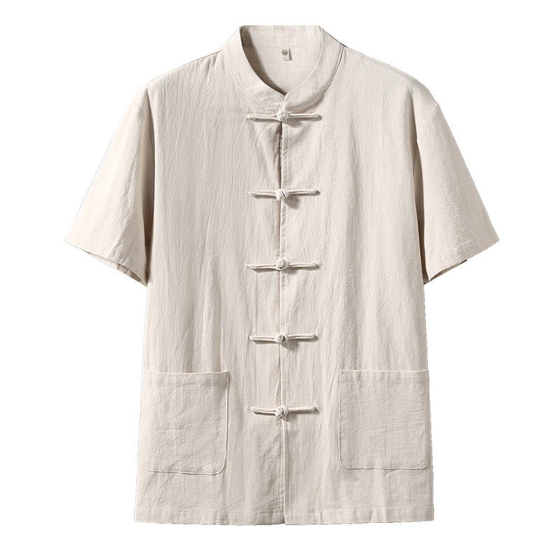 Chinese Style Mens Cotton Linen Shirt Half Sleeve Button Up Casual Top
