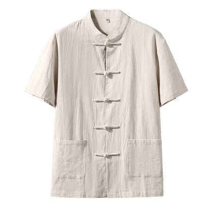 Chinese Style Mens Cotton Linen Shirt Half Sleeve Button Up Casual Top