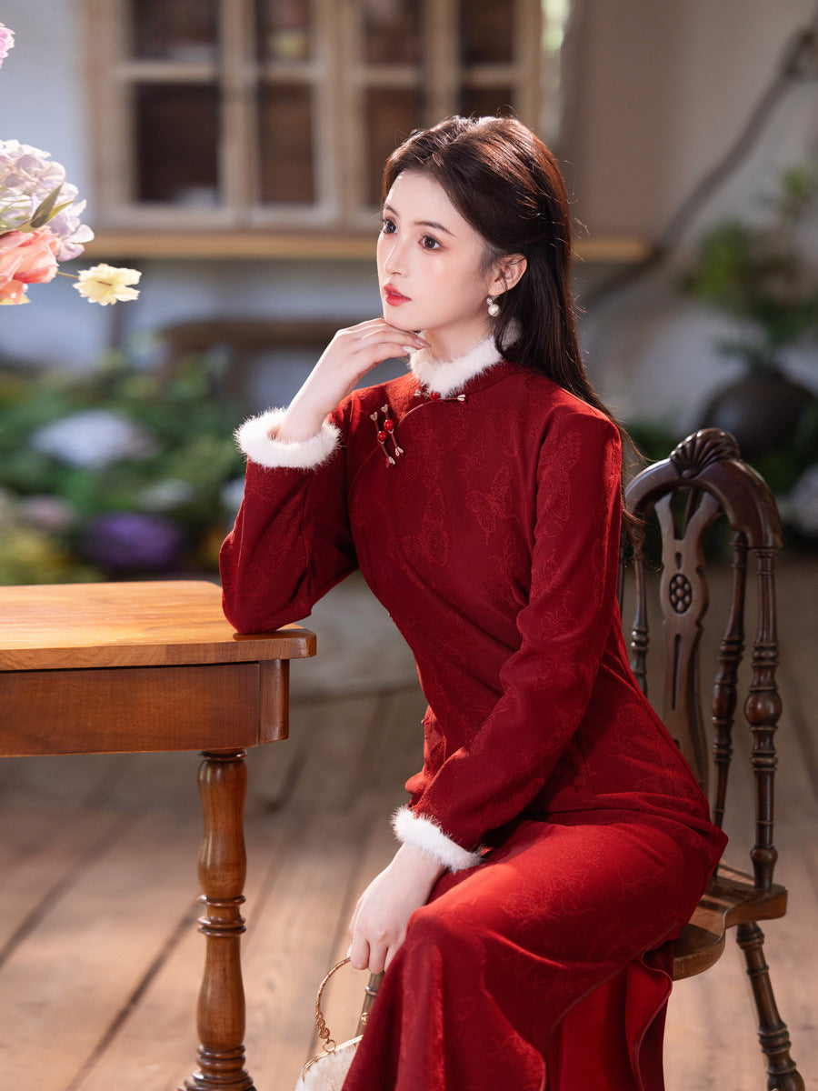 2025 New Red Velvet Cheongsam | Daily & Engagement Warm Dress