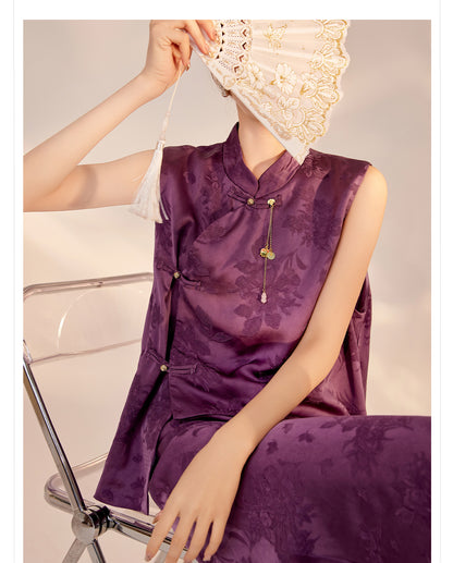 2026New Chinese Style Super Beautiful Purple Printed Rayon Vest and Skirt Early Autumn Set for Women