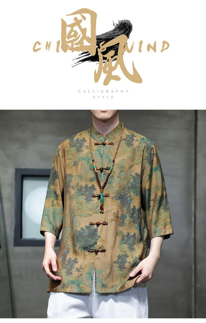 Mens Summer Chinese Tang Shirt Three Quarter Sleeve Fashion Trendy
