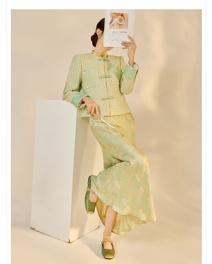 High-End Embroidery Stand Collar Vest & Jacquard Mermaid Skirt