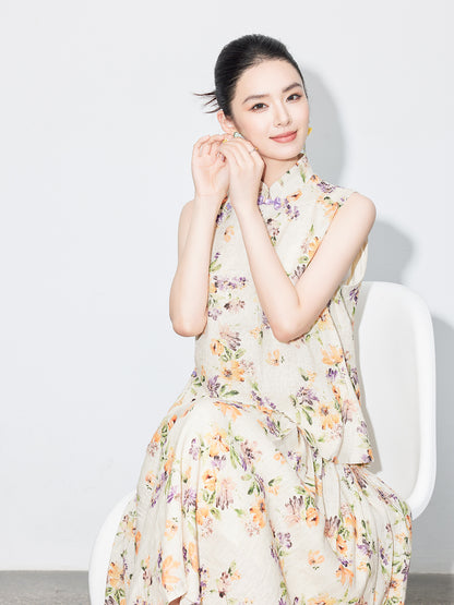 High-End Linen Sleeveless Button Top & Slimming Skirt for Women