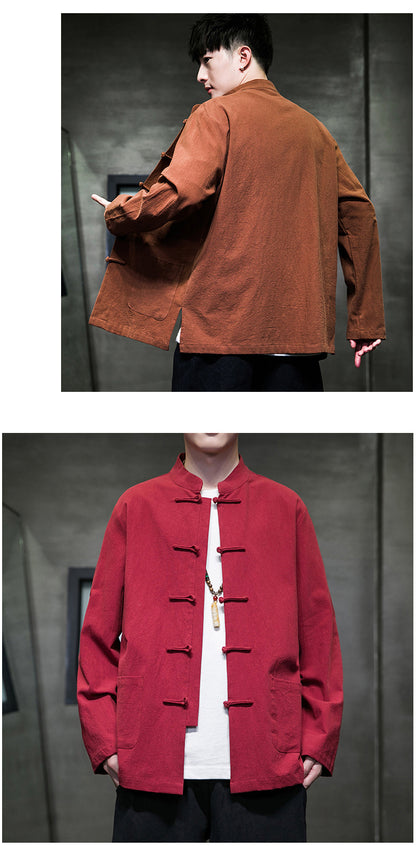 Mens Autumn Chinese Style Hanfu Tang Suit Button Up Cotton Linen Top
