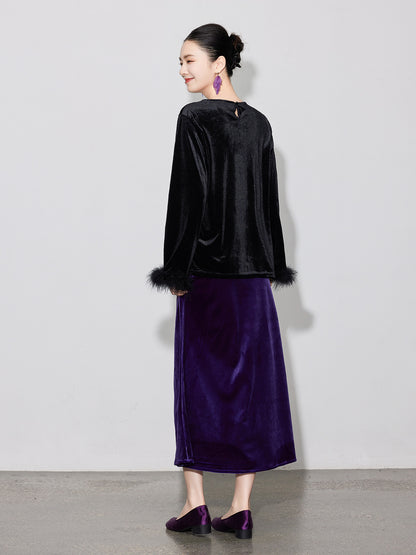 Chic Vintage High-Waist Velvet Long Skirt