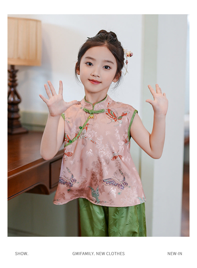 Retro Chinese Style Girls Two-Piece — Summer Cheongsam Top & Skirt