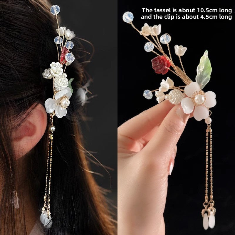 Orchid tassel headdress with side clips and new Chinese flower hairpins