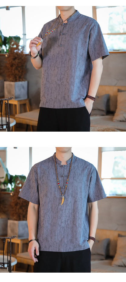 Chinese Style Mens Cotton Linen Tang Suit Short Sleeve Casual T Shirt
